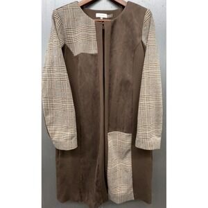 Women Duster Coat 12 Brown Faux Suede Plaid Patchwork Open Jacket Preppy Chic